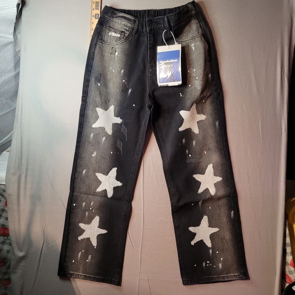 Unbranded Star Print Distressed Jeans Black Acid Wash Streetwear‎ LK25583 Size M